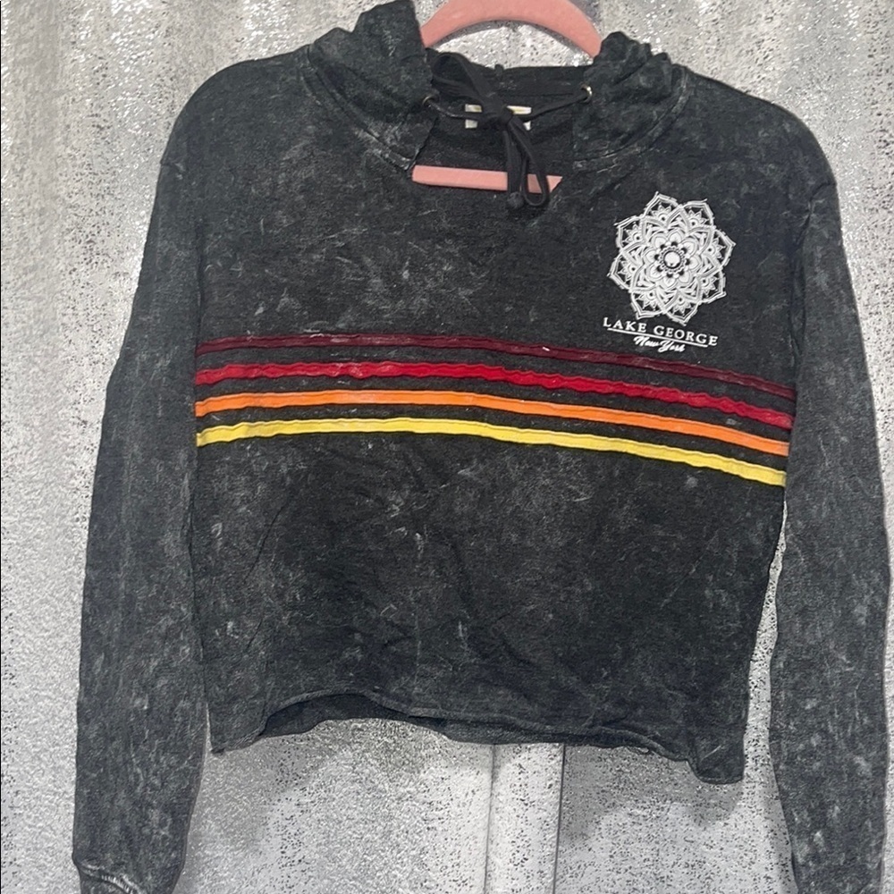 Bloom & Pop Cropped Hoodie with Striped Design